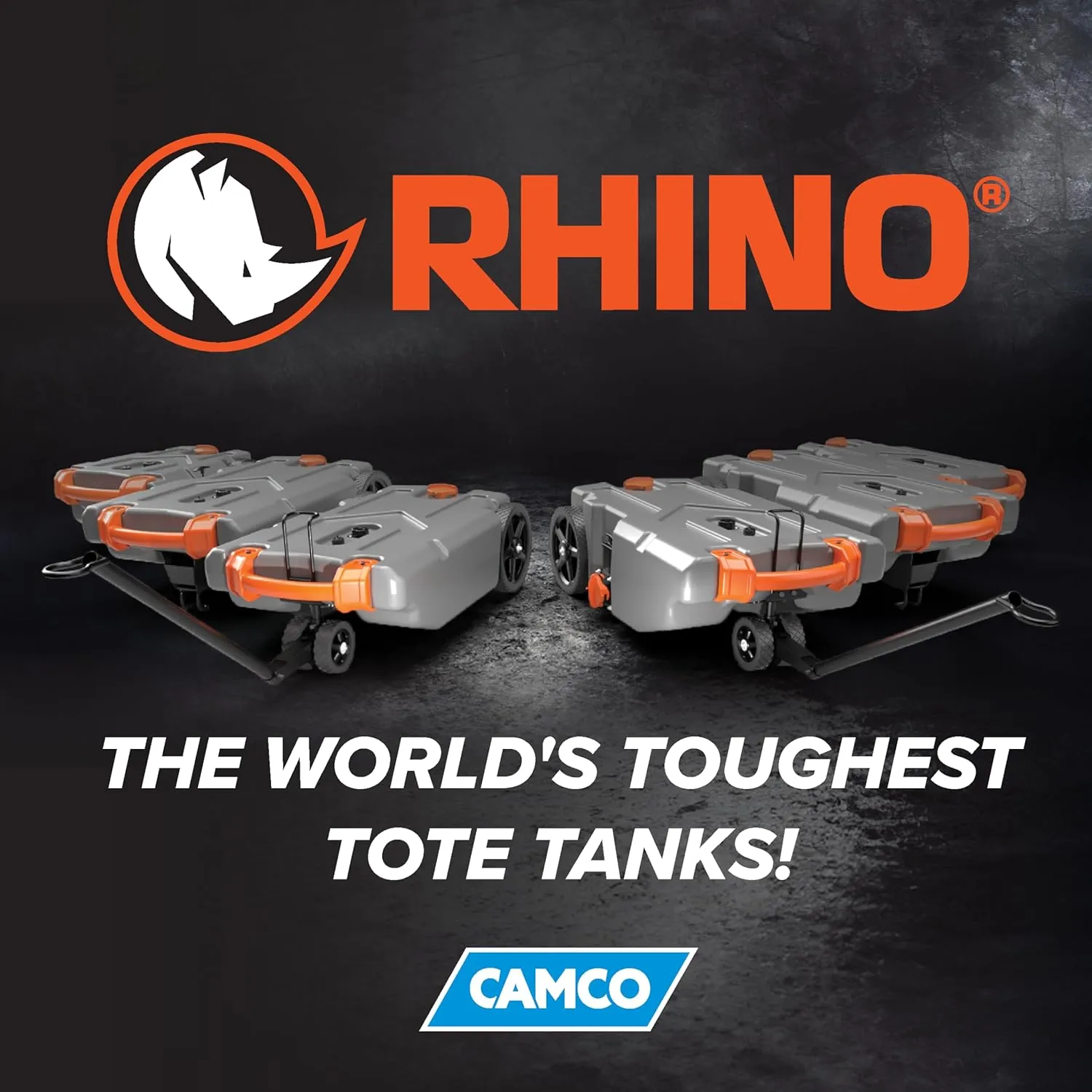 Camco Rhino 28-Gallon RV Tote Tank - Features Large Heavy-Duty No-Flat Wheels & Built-in Gate Valve - Removable Steel Tow Adapter, 3’ Sewer Hose & More RV Accessories (39004)