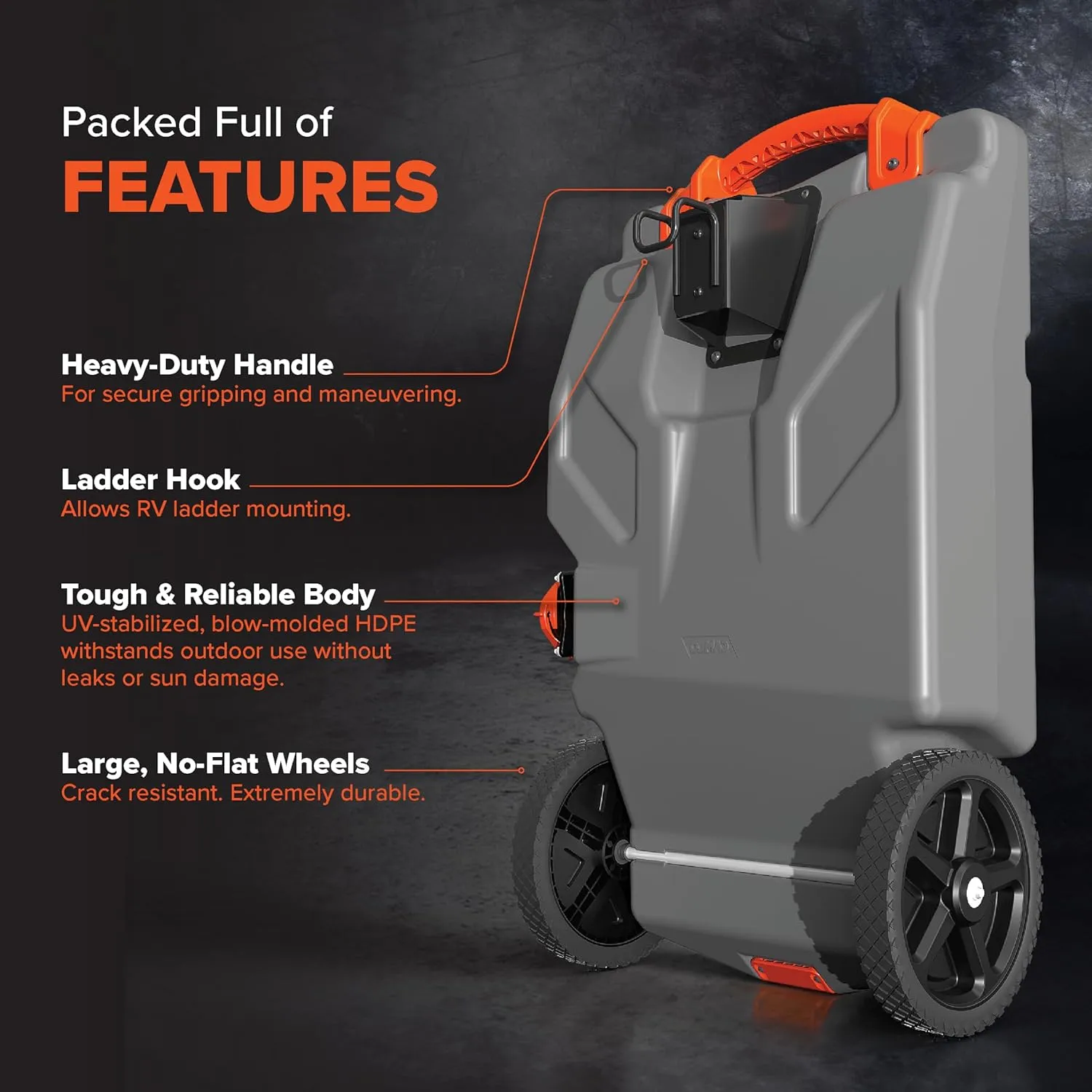Camco Rhino 28-Gallon RV Tote Tank - Features Large Heavy-Duty No-Flat Wheels & Built-in Gate Valve - Removable Steel Tow Adapter, 3’ Sewer Hose & More RV Accessories (39004)