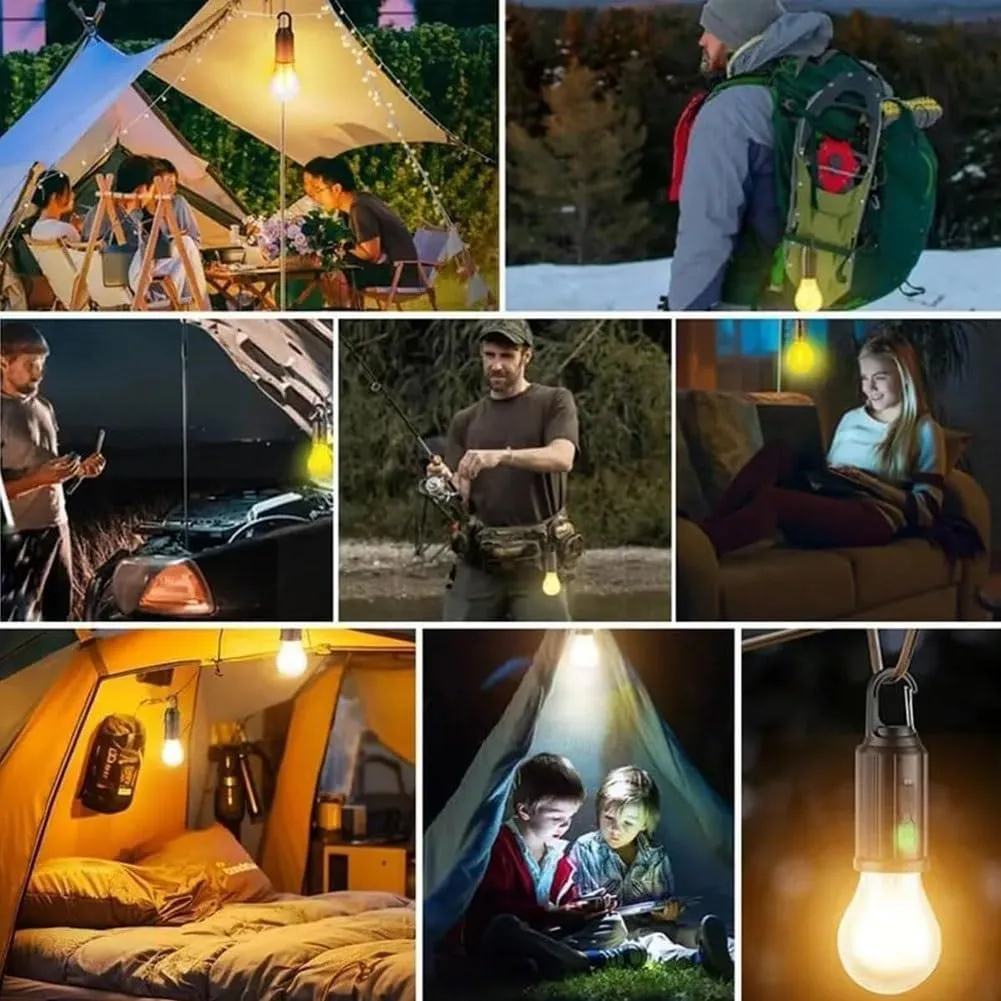 Camp Light Bulbs,Camp Bulb Pack,Solar Rechargeable Hooked Camping Light,Outdoor Household Tungsten Lights,Tent Lights Battery Powered with Clip Hook,for Hiking,Camping, Fishing(Flat Bottom,4pcs)
