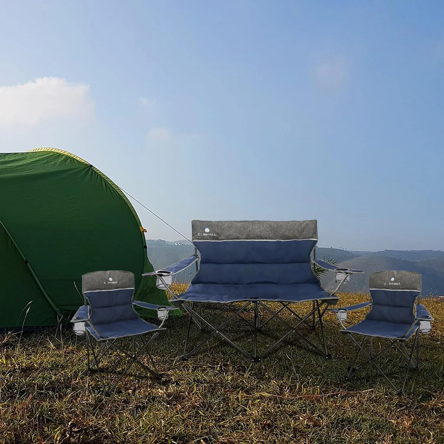 Camping Chair Set of 3, Outdoor Folding Camping Chairs for Heavy People with Cup Holder & Carry Bag,Collapsible Chair Include One Sofa Chair and Two Single Chair,Support up to 500lbs