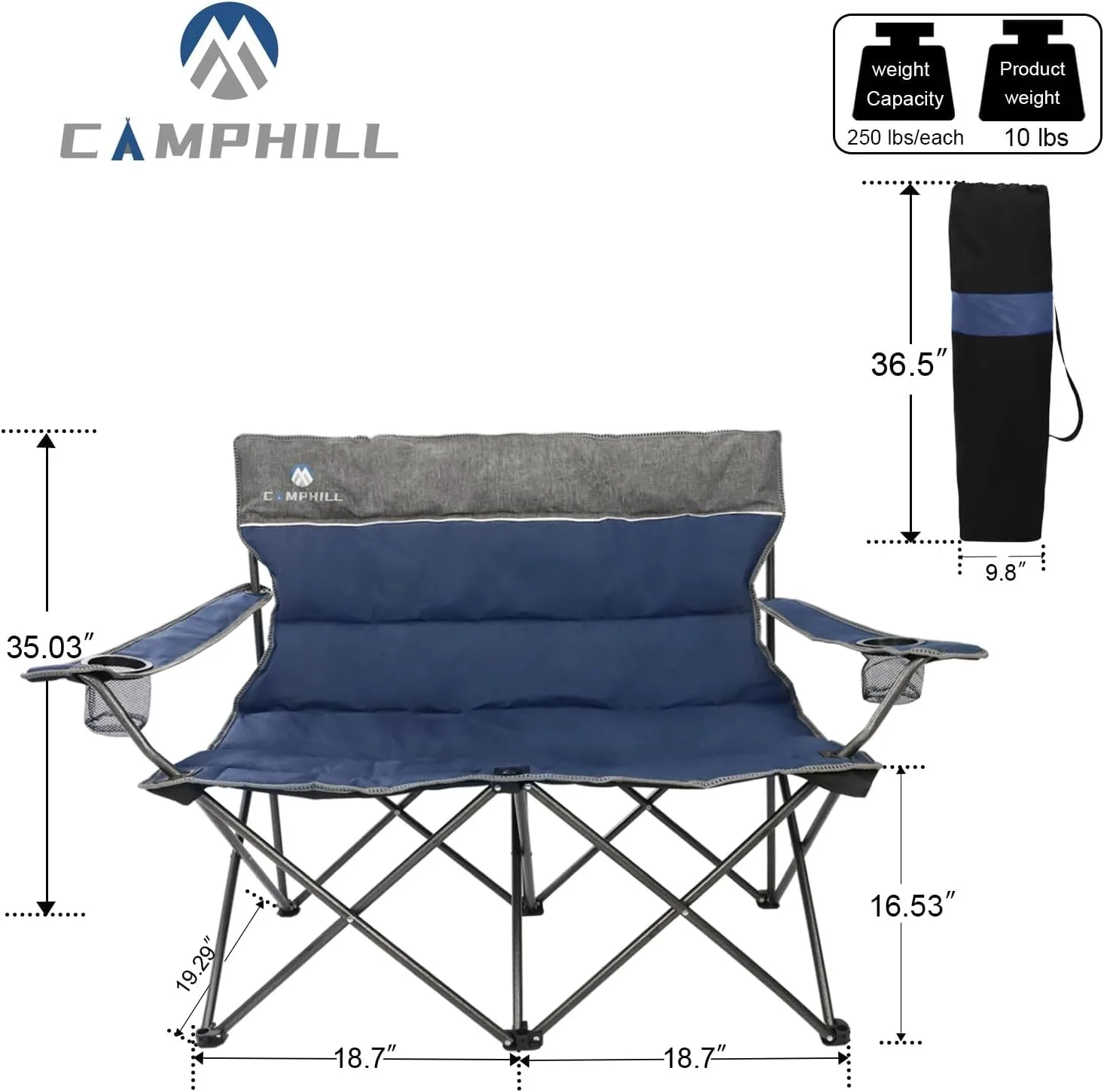 Camping Chair Set of 3, Outdoor Folding Camping Chairs for Heavy People with Cup Holder & Carry Bag,Collapsible Chair Include One Sofa Chair and Two Single Chair,Support up to 500lbs