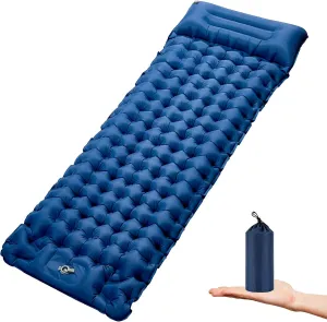 Camping Sleeping Pad Ultralight Mat with Pillow, Extra Thick Compact Built-in Pump Foot Press Inflatable Pads for Camping, Backpacking, Hiking, Durable & Waterproof Indigo 4 inch THICK, SINGLE