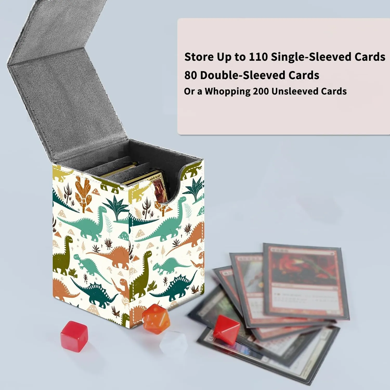 Card Deck Box for Commander Deck Box, MTG Deck Box Fits 100  Double/150  Single Sleeved Cards, PU Leather Strong Magnet Waterproof Card Case for TCG CCG Trading Card Games, Little Dinosaur