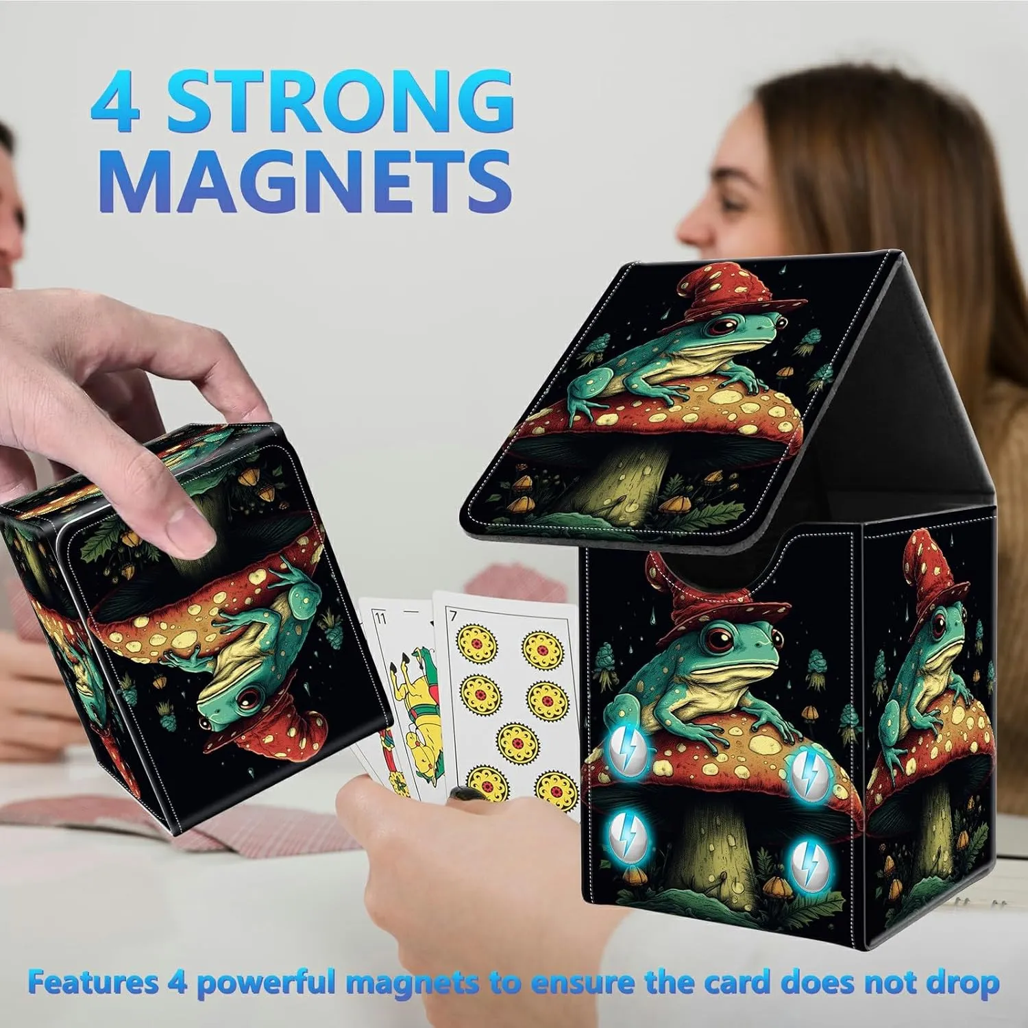 Card Deck Box for Trading Cards, MTG Commander Deck Box Fits 100  Single Sleeved Cards, Leather Magnetic Card Storage Box for YuGiOh TCG CCG Cards, Mushroom Frog