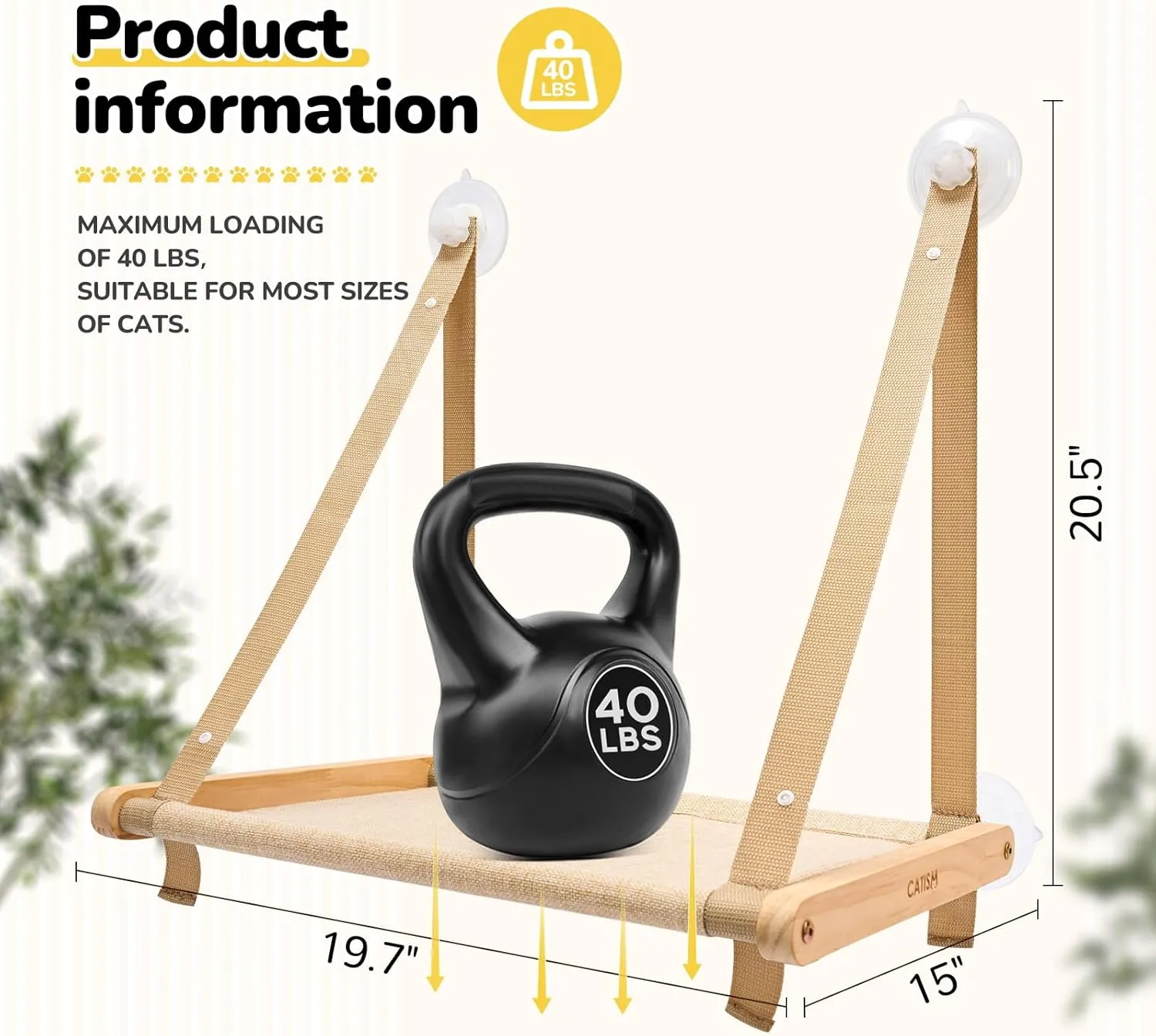 Cat Window Perch - Cat Hammock Bed for Cats Inside, Solid Wood Frame, Foldable, 4 Suction Cups, Soft Cushion Machine Washable, Load Weight Up to 40lbs