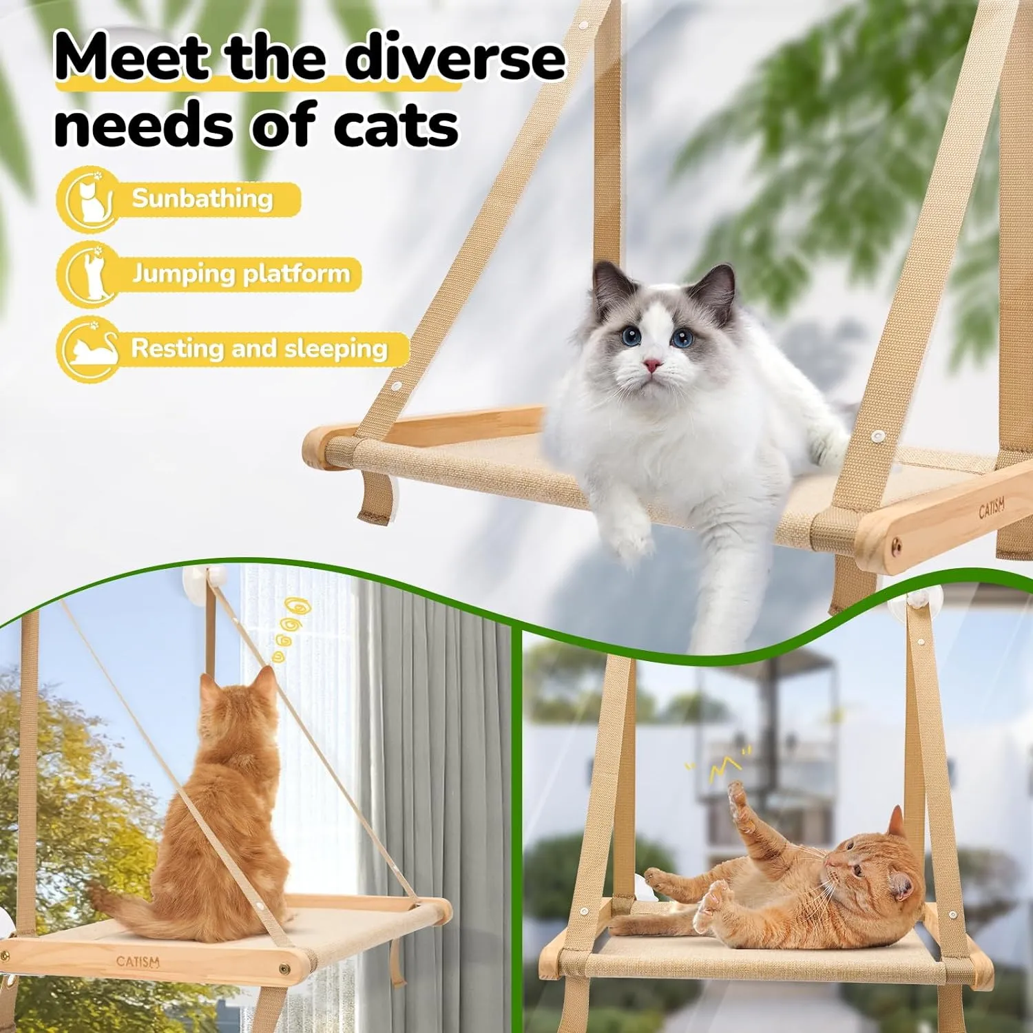 Cat Window Perch - Cat Hammock Bed for Cats Inside, Solid Wood Frame, Foldable, 4 Suction Cups, Soft Cushion Machine Washable, Load Weight Up to 40lbs