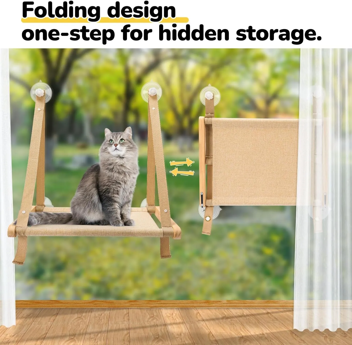 Cat Window Perch - Cat Hammock Bed for Cats Inside, Solid Wood Frame, Foldable, 4 Suction Cups, Soft Cushion Machine Washable, Load Weight Up to 40lbs