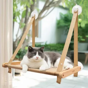 Cat Window Perch - Cat Hammock Bed for Cats Inside, Solid Wood Frame, Foldable, 4 Suction Cups, Soft Cushion Machine Washable, Load Weight Up to 40lbs