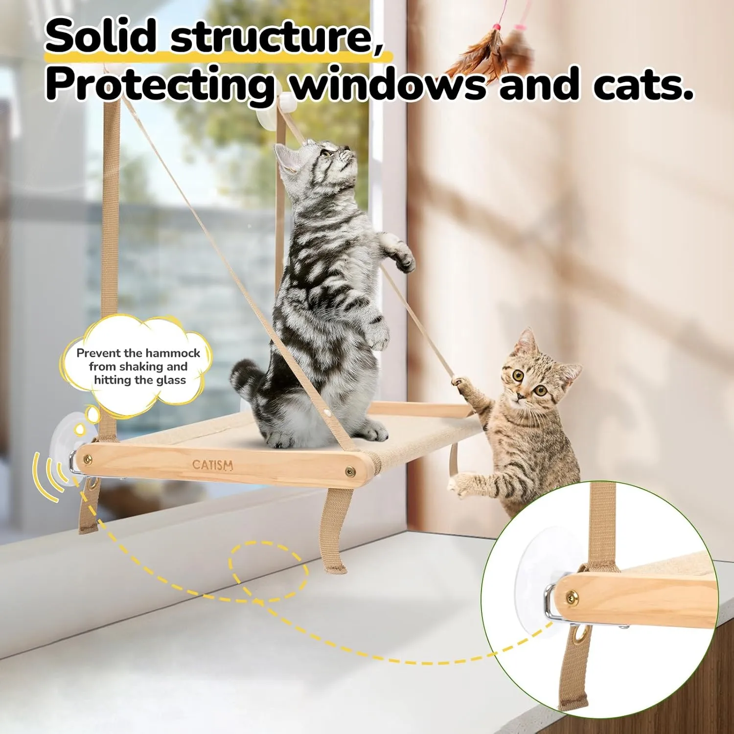 Cat Window Perch - Cat Hammock Bed for Cats Inside, Solid Wood Frame, Foldable, 4 Suction Cups, Soft Cushion Machine Washable, Load Weight Up to 40lbs