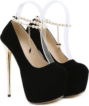 CcacHe Women's Platform Slip On High Heels Round Toe Stiletto Heel Ankle Strap Pumps Platform Pump Shoes Boho Sexy Casual 6.3" High Heel Sandals for Night Club Party Hot Girls (Black, 8.5 US)