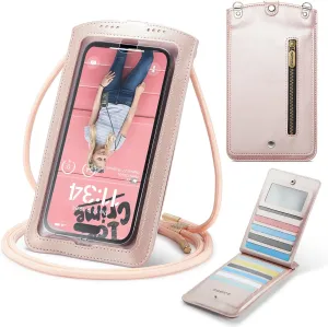 Cell Phone Purse Small Crossbody Bag for Women Leather Mini Shoulder Bag Wallet Case with Card Slots Neck Strap with Touch Screen Zipper Pocket for All Smartphones iPhone Samsung up to 7.5" Rose Gold