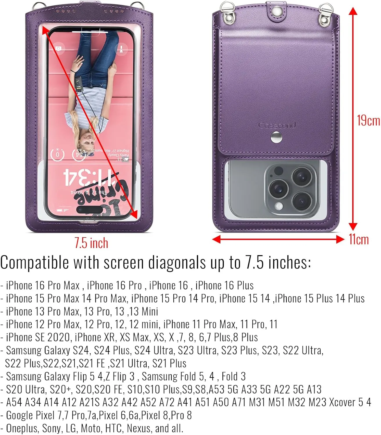 Cell Phone Purse Small Crossbody Phone Bag for Women Men Leather Mini Shoulder Bag Wallet with Strap Lanyard and Camera Window Card Slots Strap for All Smartphones iPhone 16 Samsung up to 7.5" Puple