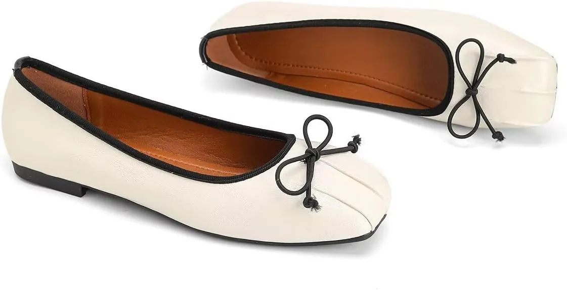 ChaiRong Zhou Women Square Toe Pu Leather Ballet Flats Bowknot Slip on Daily Dress Office Driving Shoes