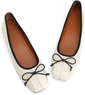 ChaiRong Zhou Women Square Toe Pu Leather Ballet Flats Bowknot Slip on Daily Dress Office Driving Shoes