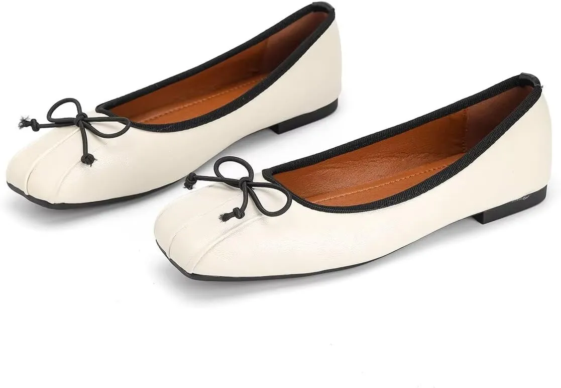 ChaiRong Zhou Women Square Toe Pu Leather Ballet Flats Bowknot Slip on Daily Dress Office Driving Shoes