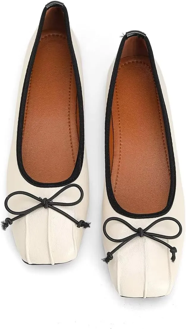 ChaiRong Zhou Women Square Toe Pu Leather Ballet Flats Bowknot Slip on Daily Dress Office Driving Shoes