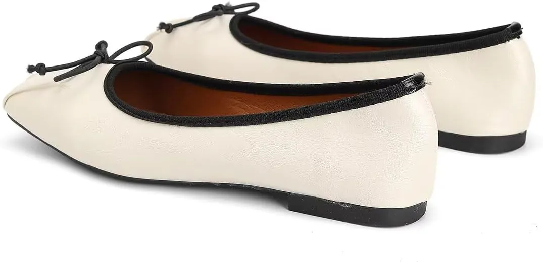 ChaiRong Zhou Women Square Toe Pu Leather Ballet Flats Bowknot Slip on Daily Dress Office Driving Shoes