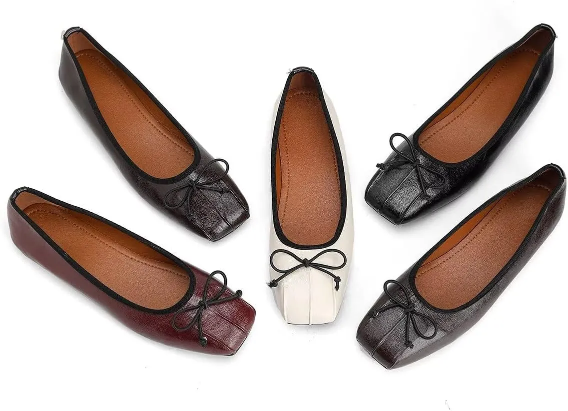 ChaiRong Zhou Women Square Toe Pu Leather Ballet Flats Bowknot Slip on Daily Dress Office Driving Shoes