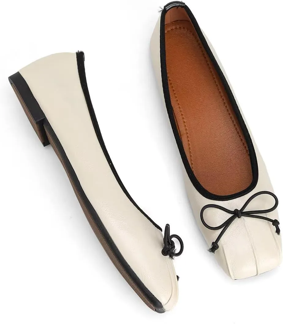ChaiRong Zhou Women Square Toe Pu Leather Ballet Flats Bowknot Slip on Daily Dress Office Driving Shoes