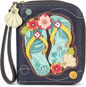 CHALA Zip Around Wallet, Wristlet, 8 Credit Card Slots, Sturdy Pu Leather - Flip Flop - Navy