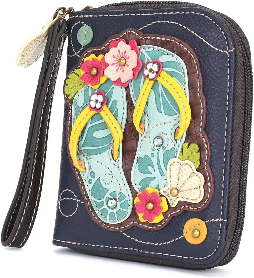 CHALA Zip Around Wallet, Wristlet, 8 Credit Card Slots, Sturdy Pu Leather - Flip Flop - Navy