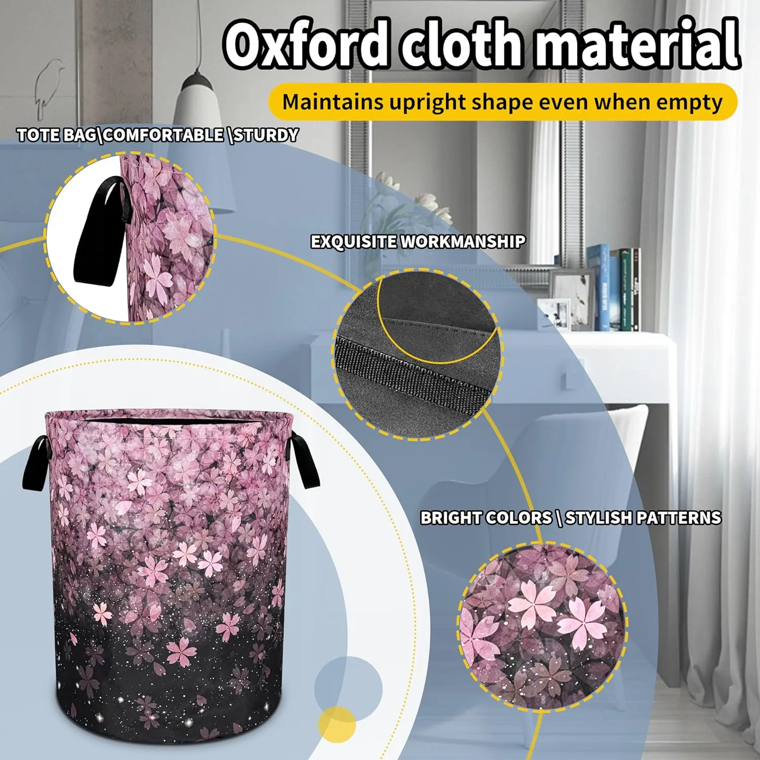 Cherry Blossoms Laundry Basket Pink Flowers Foldable Oxford Cloth Funny Tote Bag Laundry Hamper Clothes Storage Bucket Toy Organizer For Bathroom/Laundry Storage/Bedroom 18.9x16.5 Inch