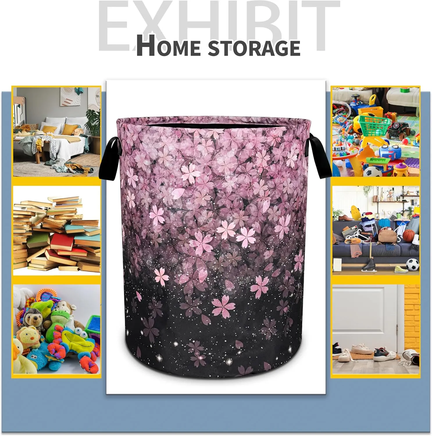 Cherry Blossoms Laundry Basket Pink Flowers Foldable Oxford Cloth Funny Tote Bag Laundry Hamper Clothes Storage Bucket Toy Organizer For Bathroom/Laundry Storage/Bedroom 18.9x16.5 Inch