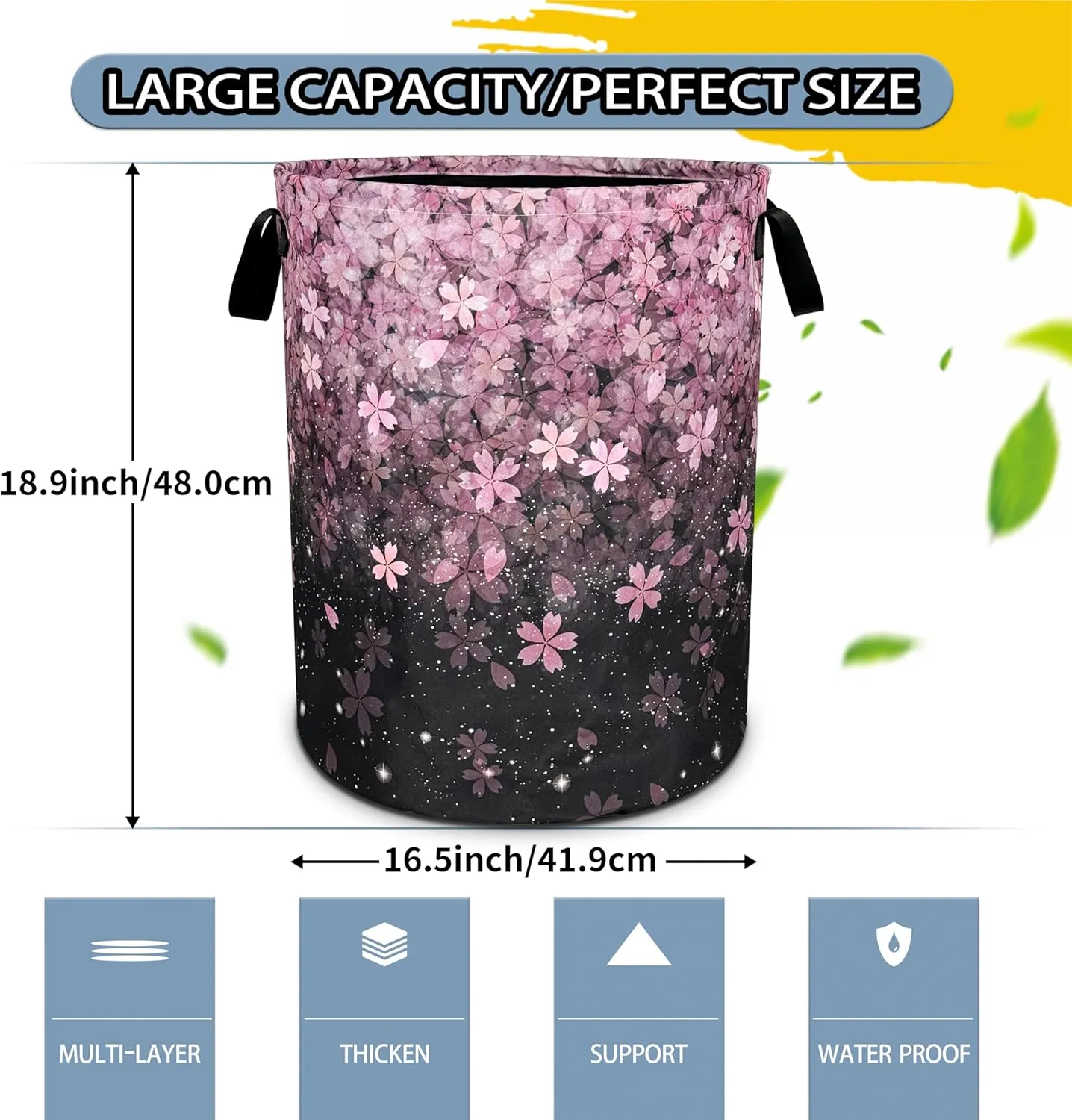 Cherry Blossoms Laundry Basket Pink Flowers Foldable Oxford Cloth Funny Tote Bag Laundry Hamper Clothes Storage Bucket Toy Organizer For Bathroom/Laundry Storage/Bedroom 18.9x16.5 Inch