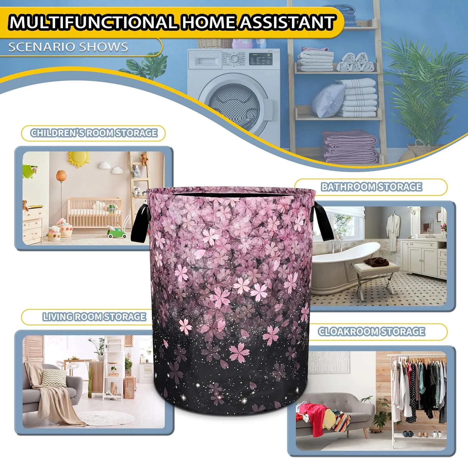 Cherry Blossoms Laundry Basket Pink Flowers Foldable Oxford Cloth Funny Tote Bag Laundry Hamper Clothes Storage Bucket Toy Organizer For Bathroom/Laundry Storage/Bedroom 18.9x16.5 Inch