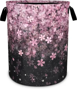 Cherry Blossoms Laundry Basket Pink Flowers Foldable Oxford Cloth Funny Tote Bag Laundry Hamper Clothes Storage Bucket Toy Organizer For Bathroom/Laundry Storage/Bedroom 18.9x16.5 Inch