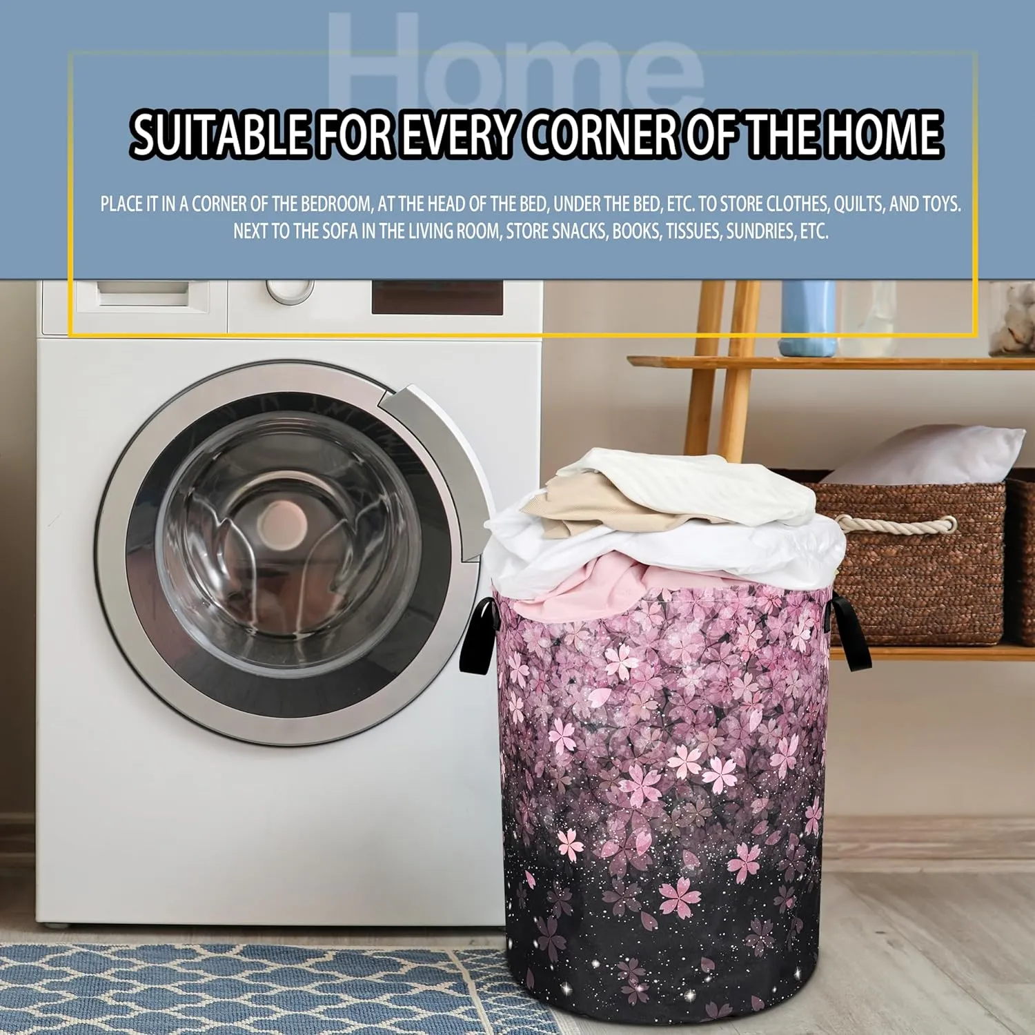Cherry Blossoms Laundry Basket Pink Flowers Foldable Oxford Cloth Funny Tote Bag Laundry Hamper Clothes Storage Bucket Toy Organizer For Bathroom/Laundry Storage/Bedroom 18.9x16.5 Inch