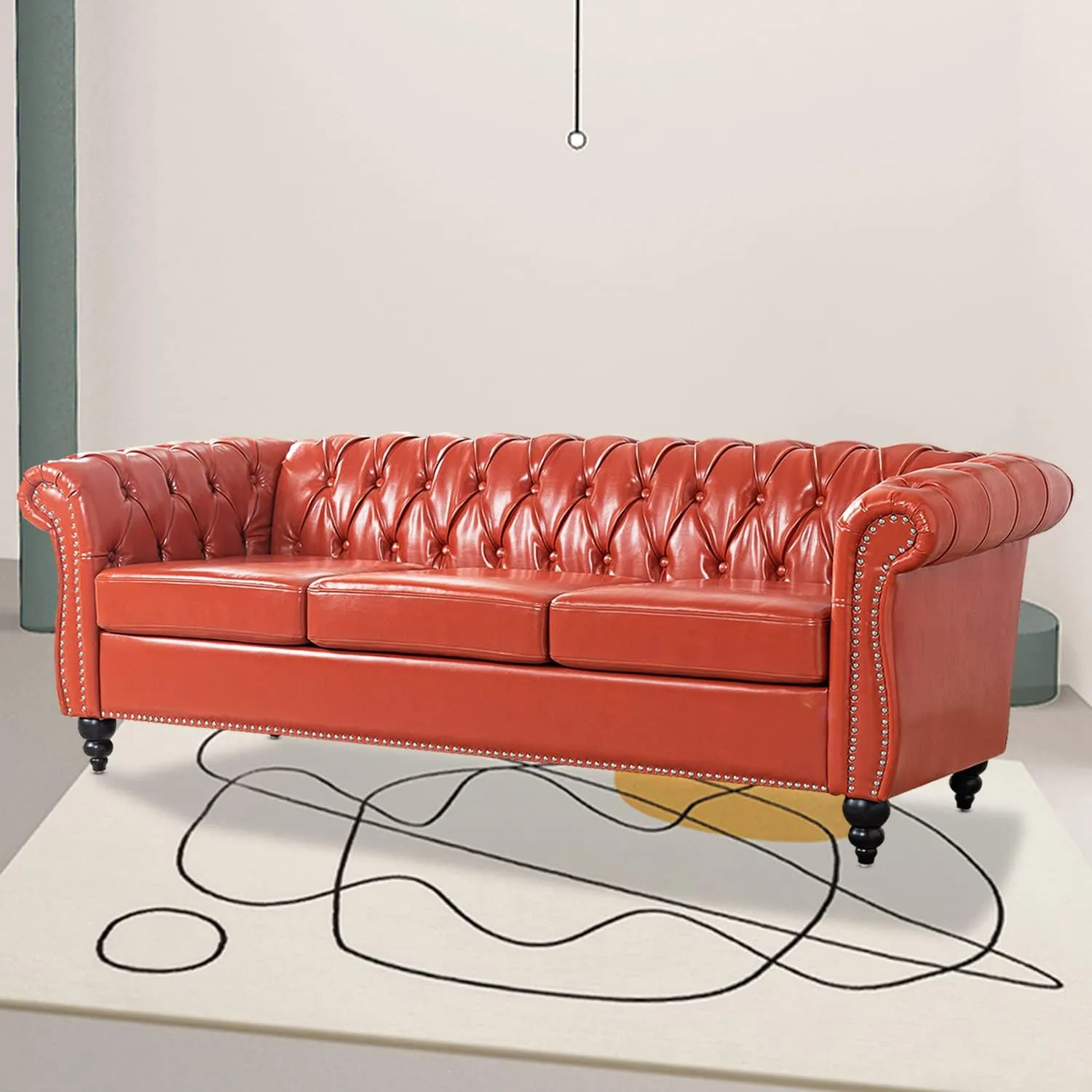 Chesterfield Sofa Orange Tufted Faux Leather Sofas for Living Room 84" Rolled Arm 3-Seater Couch Deep Button Nailhead Upholstered Couches High-End Furniture Easy to Assemble