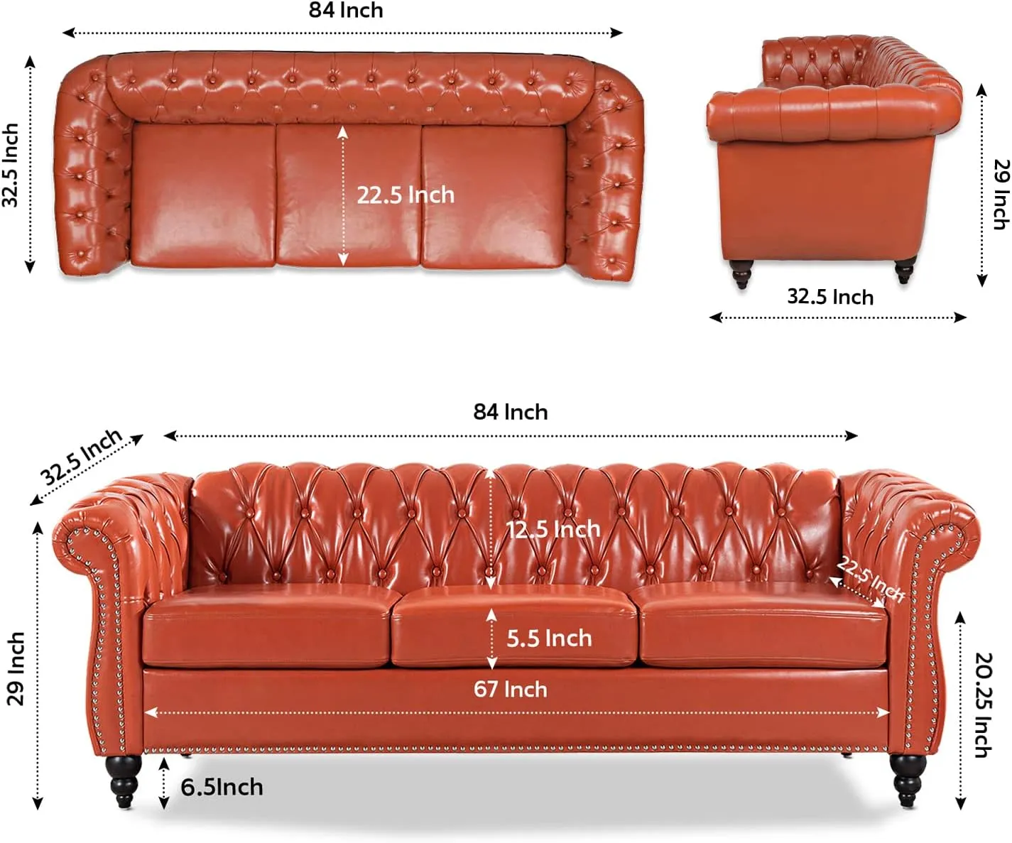 Chesterfield Sofa Orange Tufted Faux Leather Sofas for Living Room 84" Rolled Arm 3-Seater Couch Deep Button Nailhead Upholstered Couches High-End Furniture Easy to Assemble