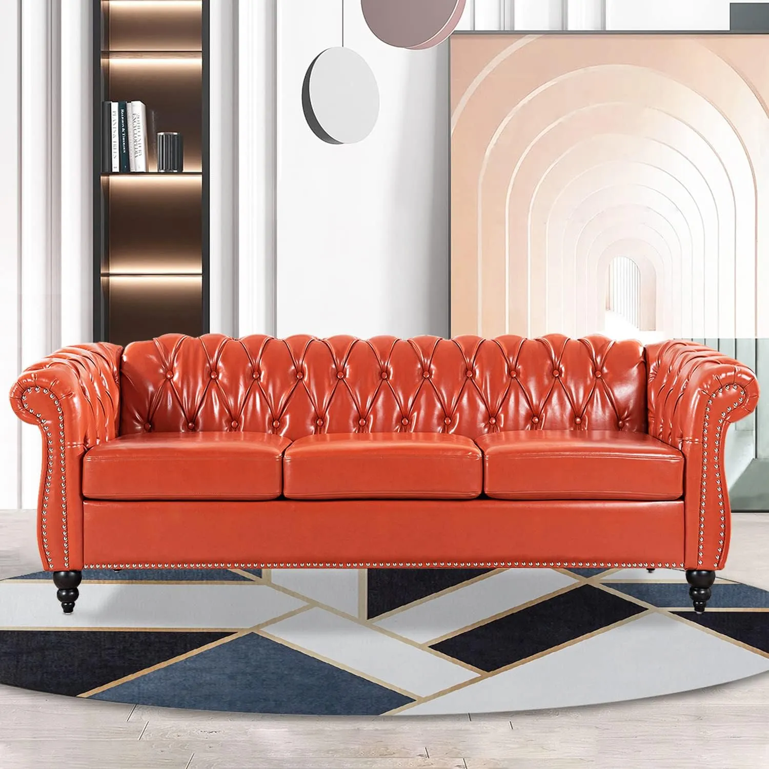 Chesterfield Sofa Orange Tufted Faux Leather Sofas for Living Room 84" Rolled Arm 3-Seater Couch Deep Button Nailhead Upholstered Couches High-End Furniture Easy to Assemble