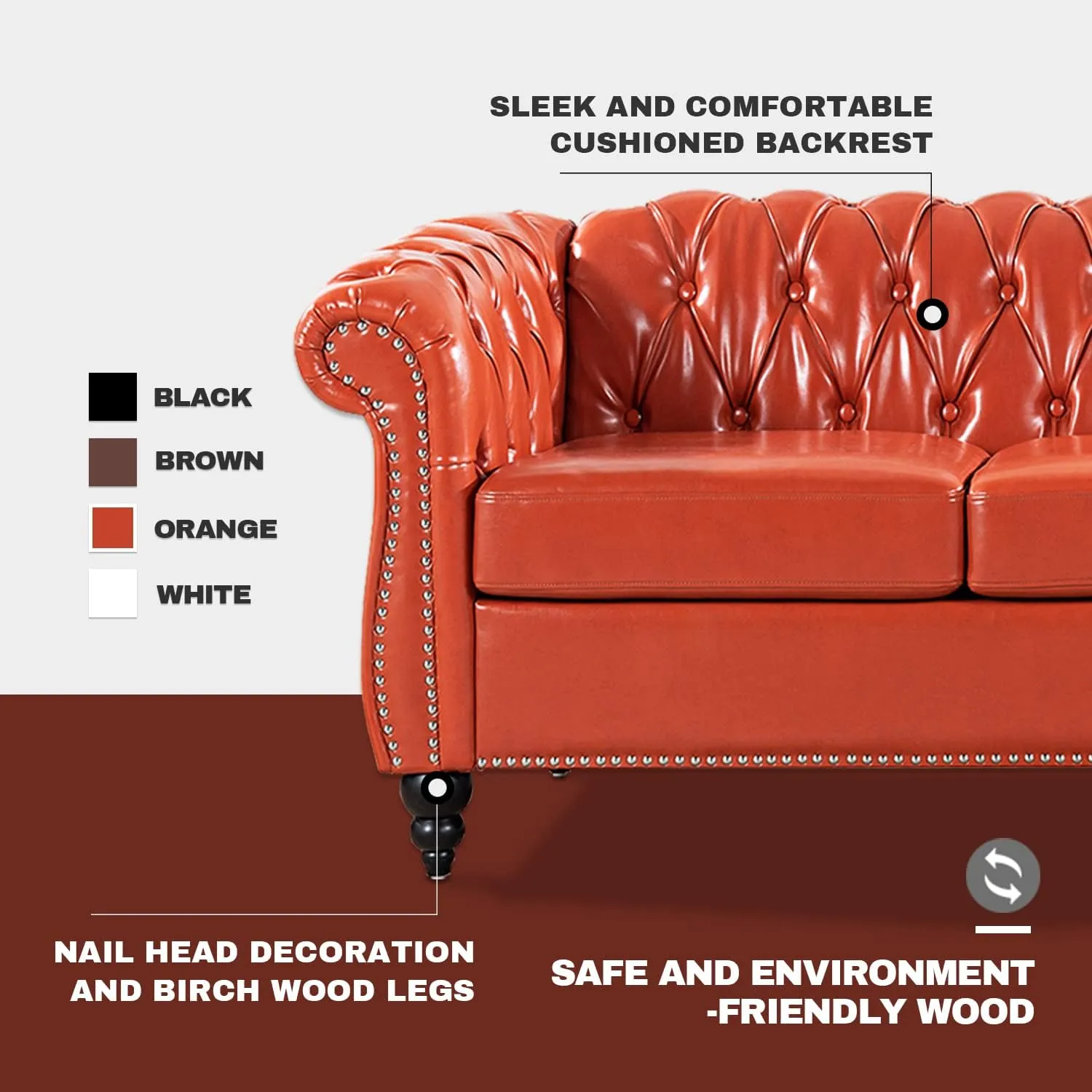 Chesterfield Sofa Orange Tufted Faux Leather Sofas for Living Room 84" Rolled Arm 3-Seater Couch Deep Button Nailhead Upholstered Couches High-End Furniture Easy to Assemble