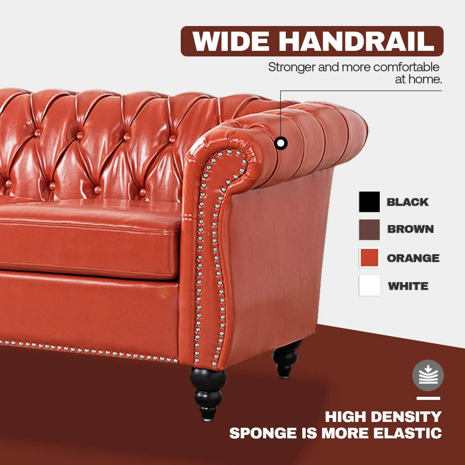 Chesterfield Sofa Orange Tufted Faux Leather Sofas for Living Room 84" Rolled Arm 3-Seater Couch Deep Button Nailhead Upholstered Couches High-End Furniture Easy to Assemble