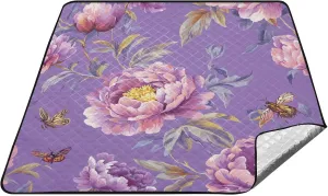 Chic Peonies Purple Waterproof Outdoor Picnic mat Large Beach Park Blankets Waterproof Foldable for Ground Picnic Items Mantas para la Playa