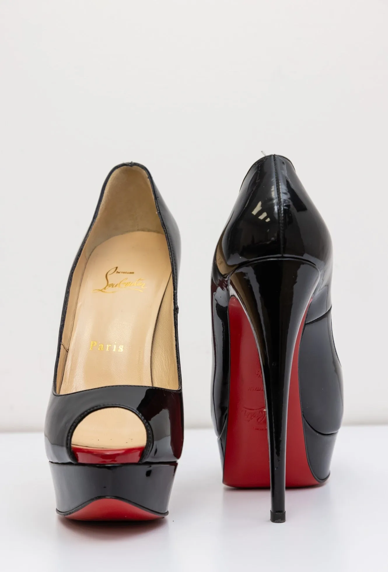 CHRISTIAN LOUBOUTIN Black Patent Leather Platform Red Bottom Heel Open-Toed
