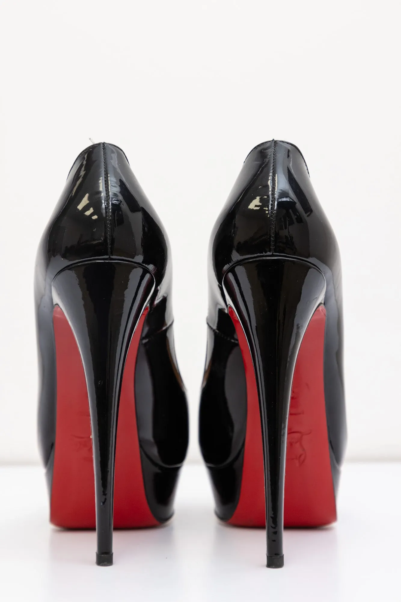 CHRISTIAN LOUBOUTIN Black Patent Leather Platform Red Bottom Heel Open-Toed