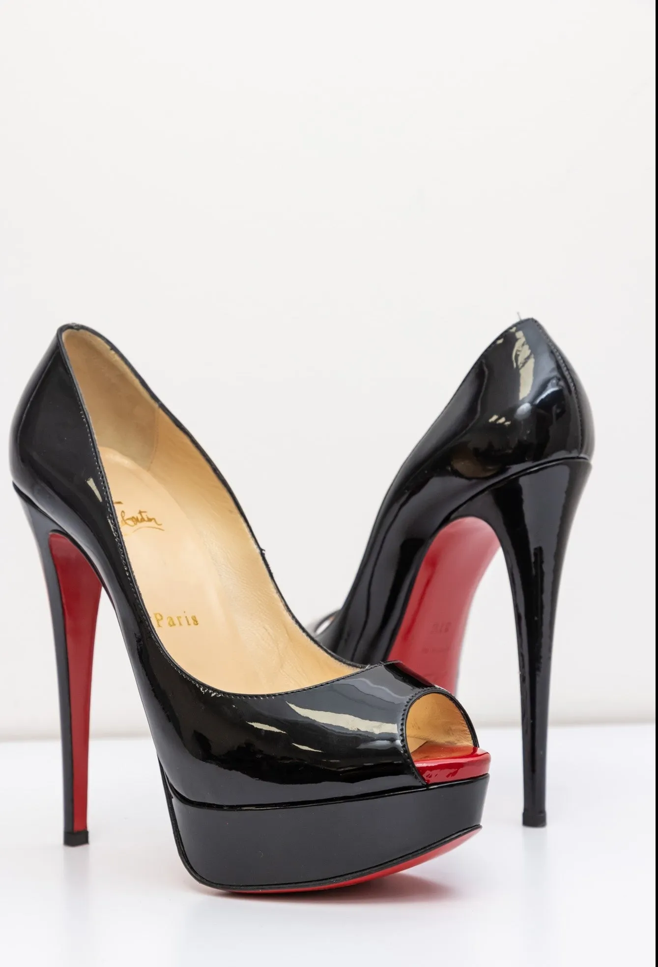 CHRISTIAN LOUBOUTIN Black Patent Leather Platform Red Bottom Heel Open-Toed