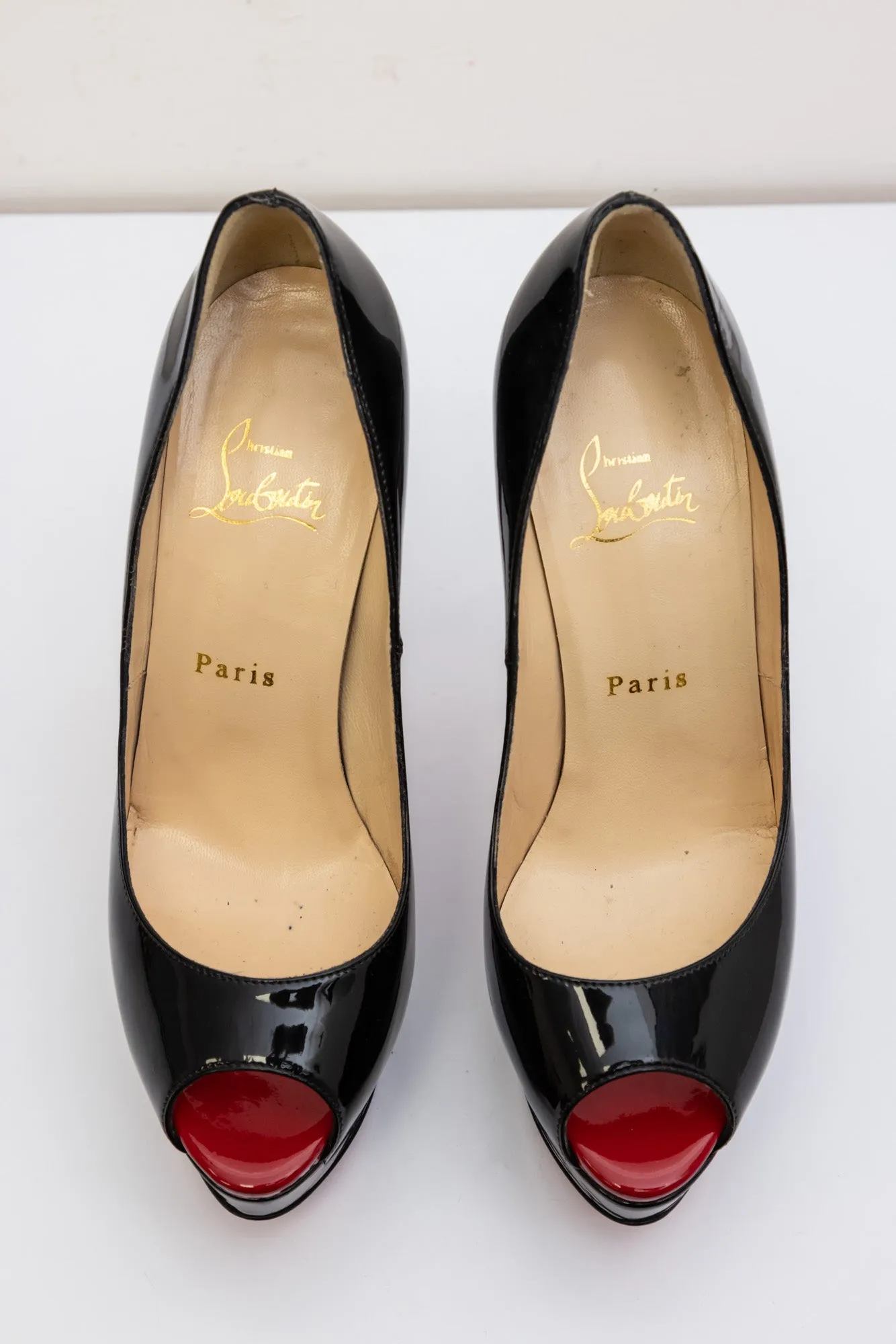 CHRISTIAN LOUBOUTIN Black Patent Leather Platform Red Bottom Heel Open-Toed