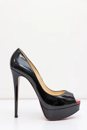 CHRISTIAN LOUBOUTIN Black Patent Leather Platform Red Bottom Heel Open-Toed