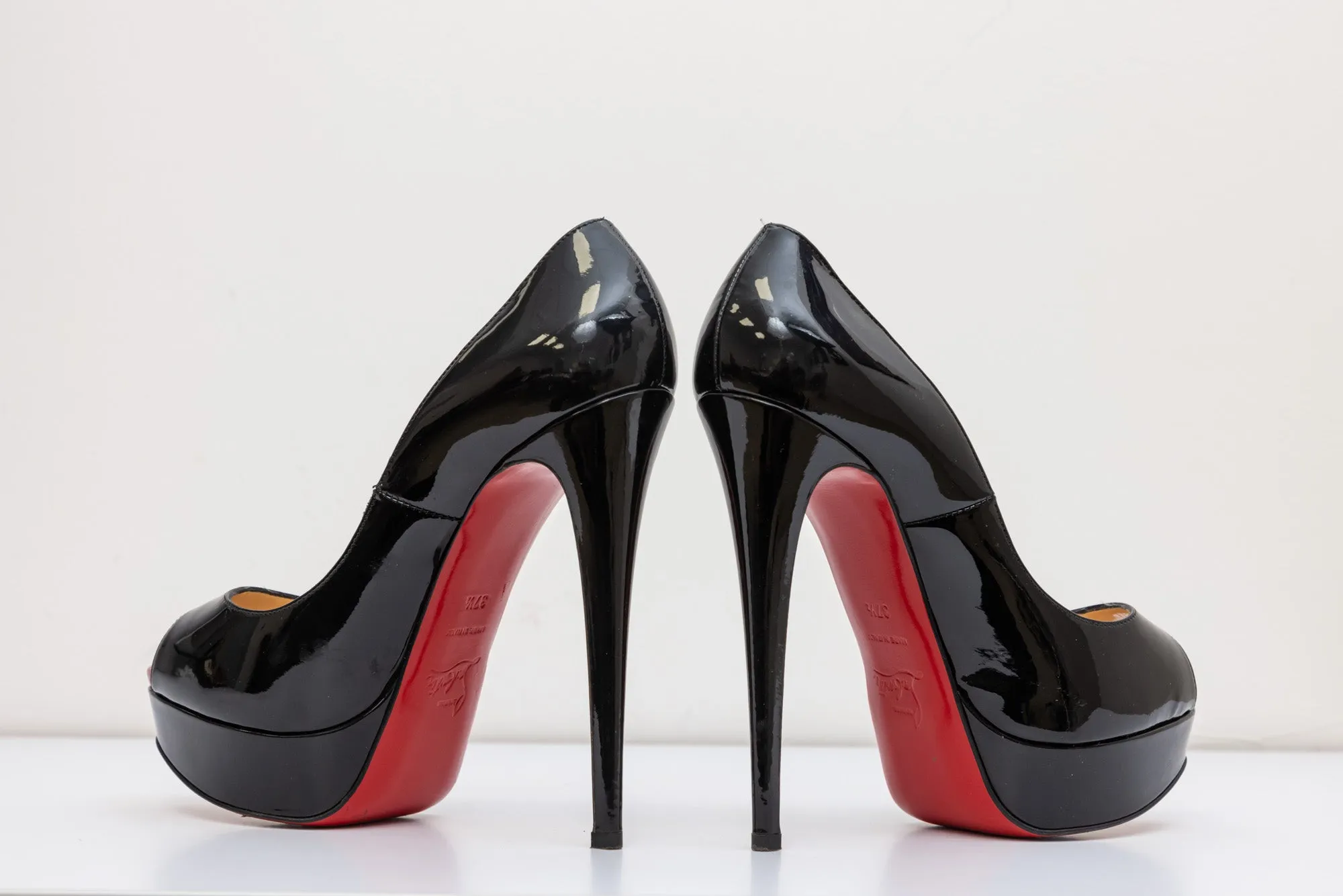 CHRISTIAN LOUBOUTIN Black Patent Leather Platform Red Bottom Heel Open-Toed