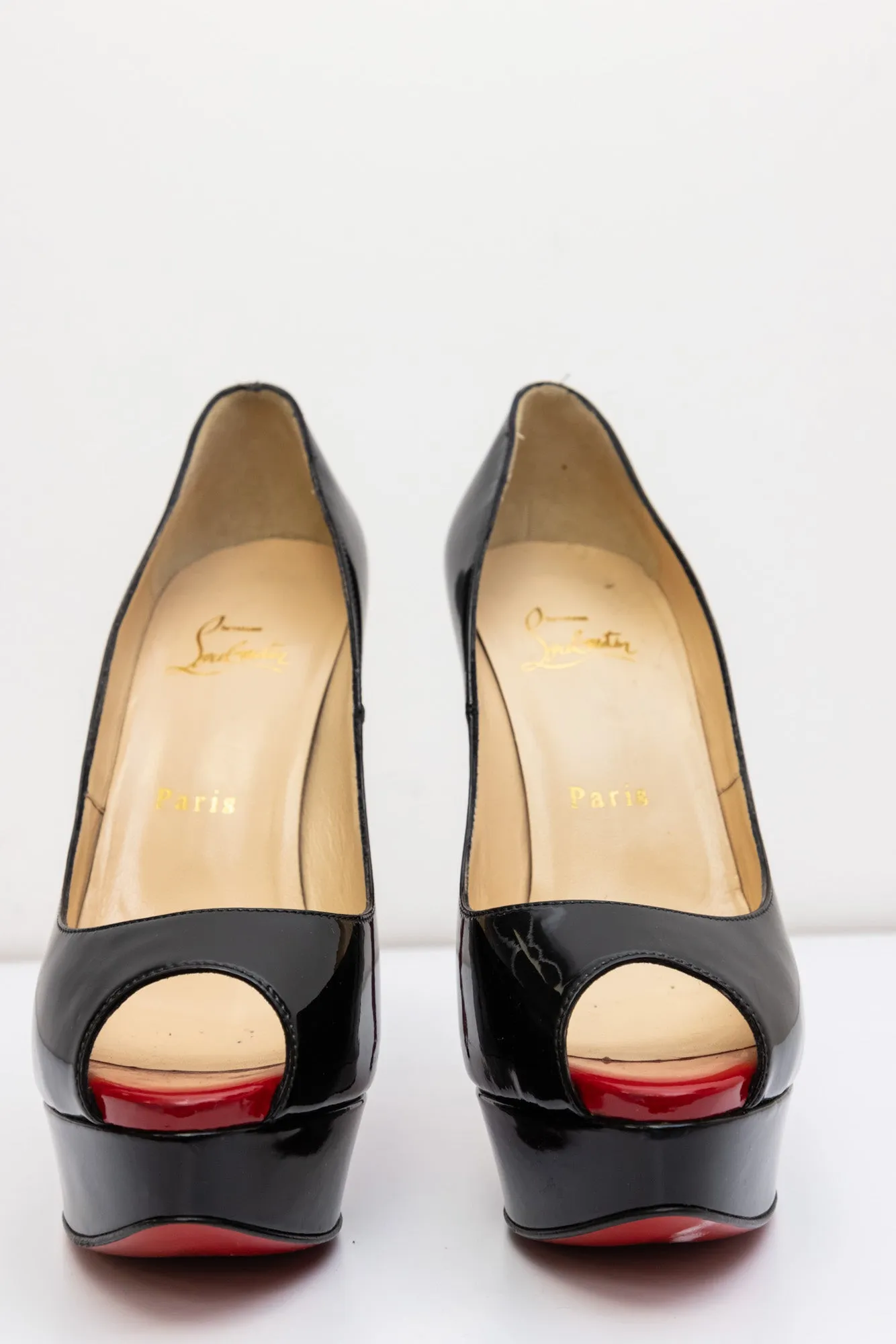 CHRISTIAN LOUBOUTIN Black Patent Leather Platform Red Bottom Heel Open-Toed