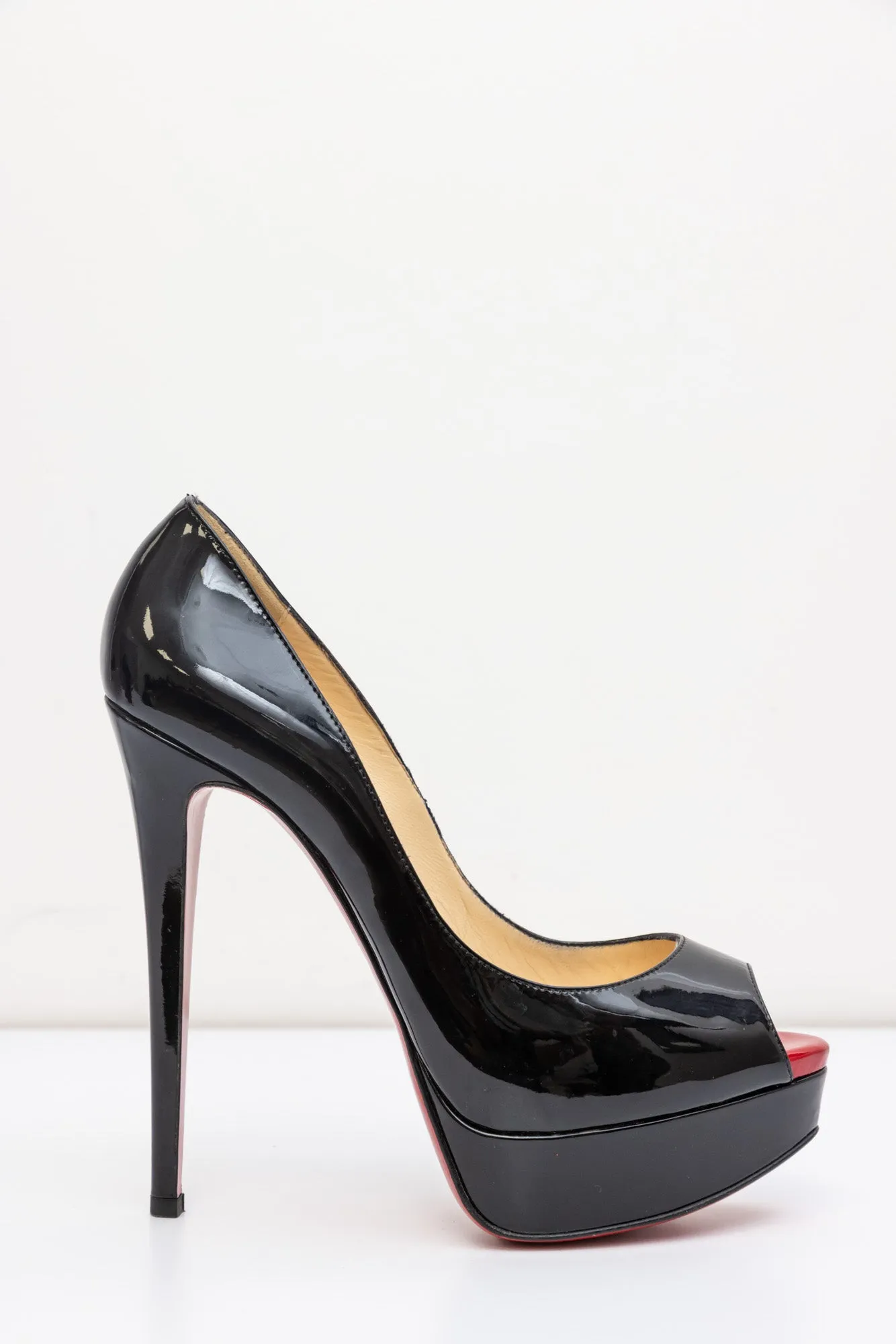 CHRISTIAN LOUBOUTIN Black Patent Leather Platform Red Bottom Heel Open-Toed