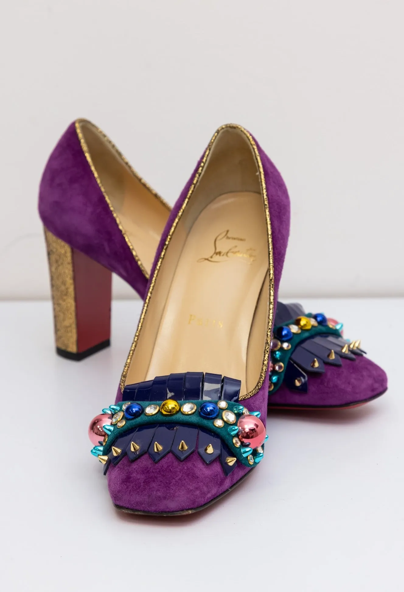 CHRISTIAN LOUBOUTIN Purple Suede Oaxacana Jeweled Pumps