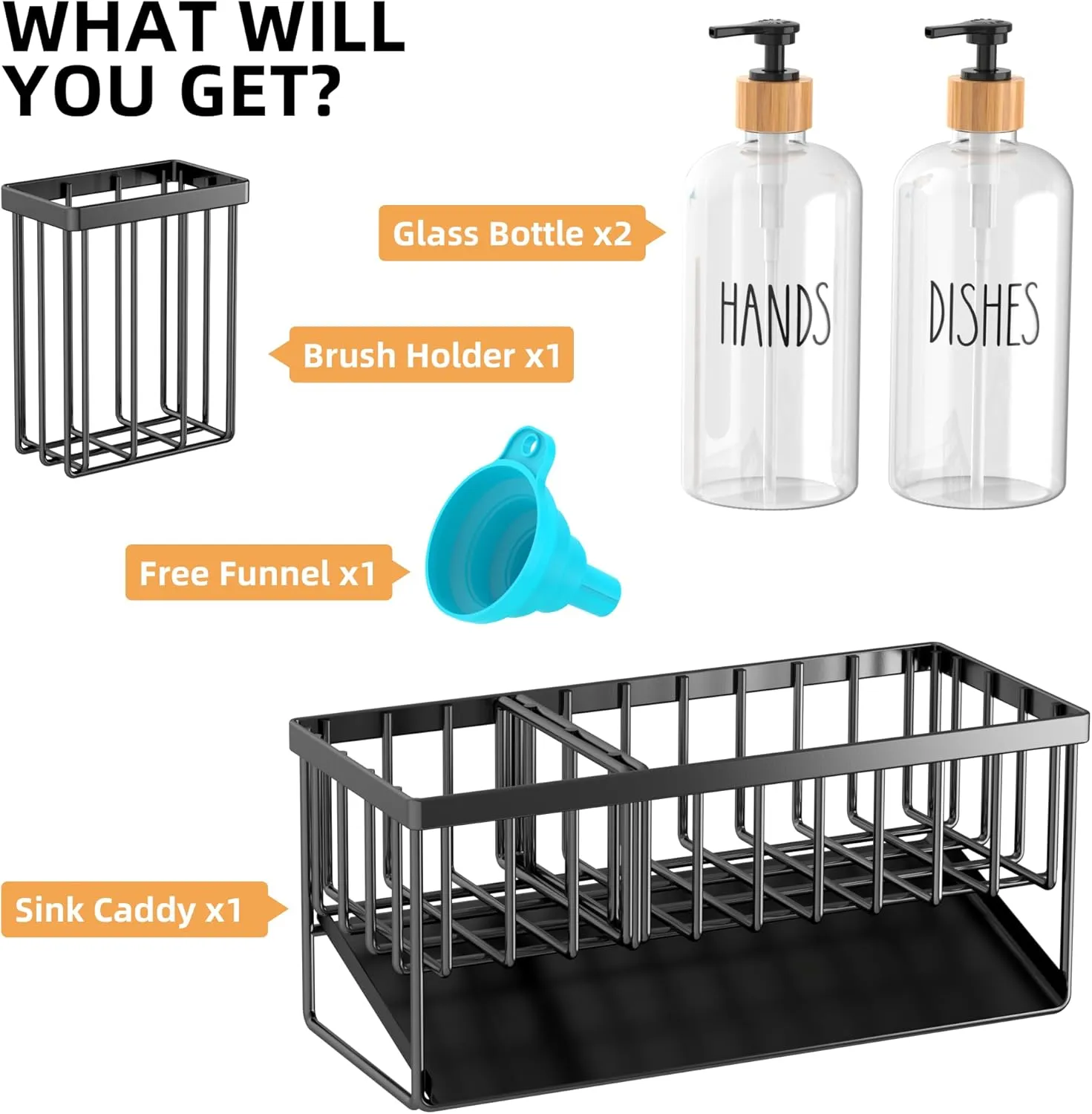 Cisily Kitchen Soap Dispenser Set with Pump, 16OZ Glass Bottle and Rustproof 304 Stainless Steel Sponge Holder, Hand and Dish Soap Dispenser Set for Kitchen Sink Organizer Decor