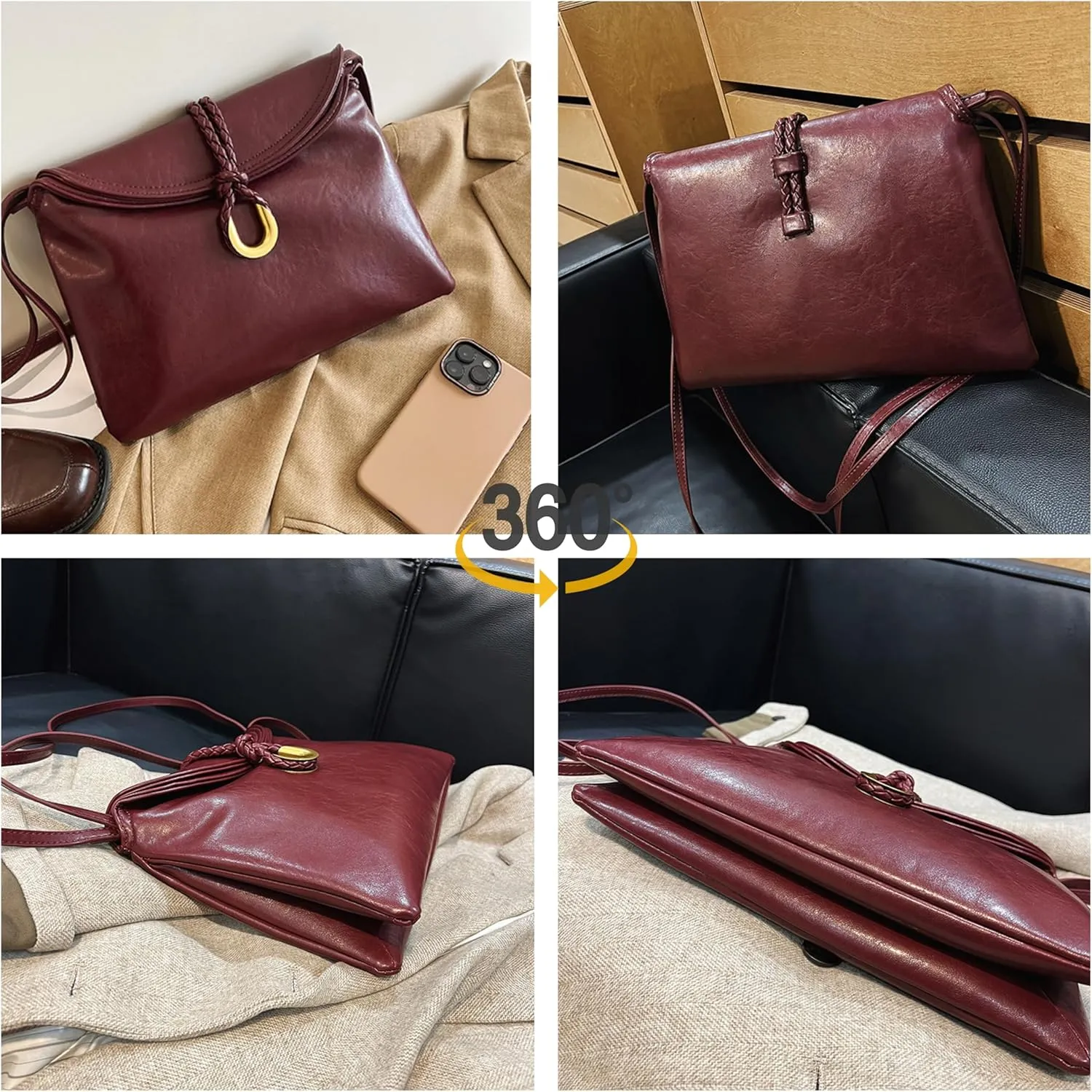 Classic Leather Crossbody Handbag, Braided Strap Flip with Hardware Buckle