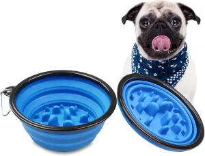 Collapsible Dog Bowl with Slow Feeder Portable Travel Pet Bowl with Carabiner Lightweight and Foldable for Dogs and Cats, Ideal for Outdoor Adventures (12oz Blue Black 2PCS)