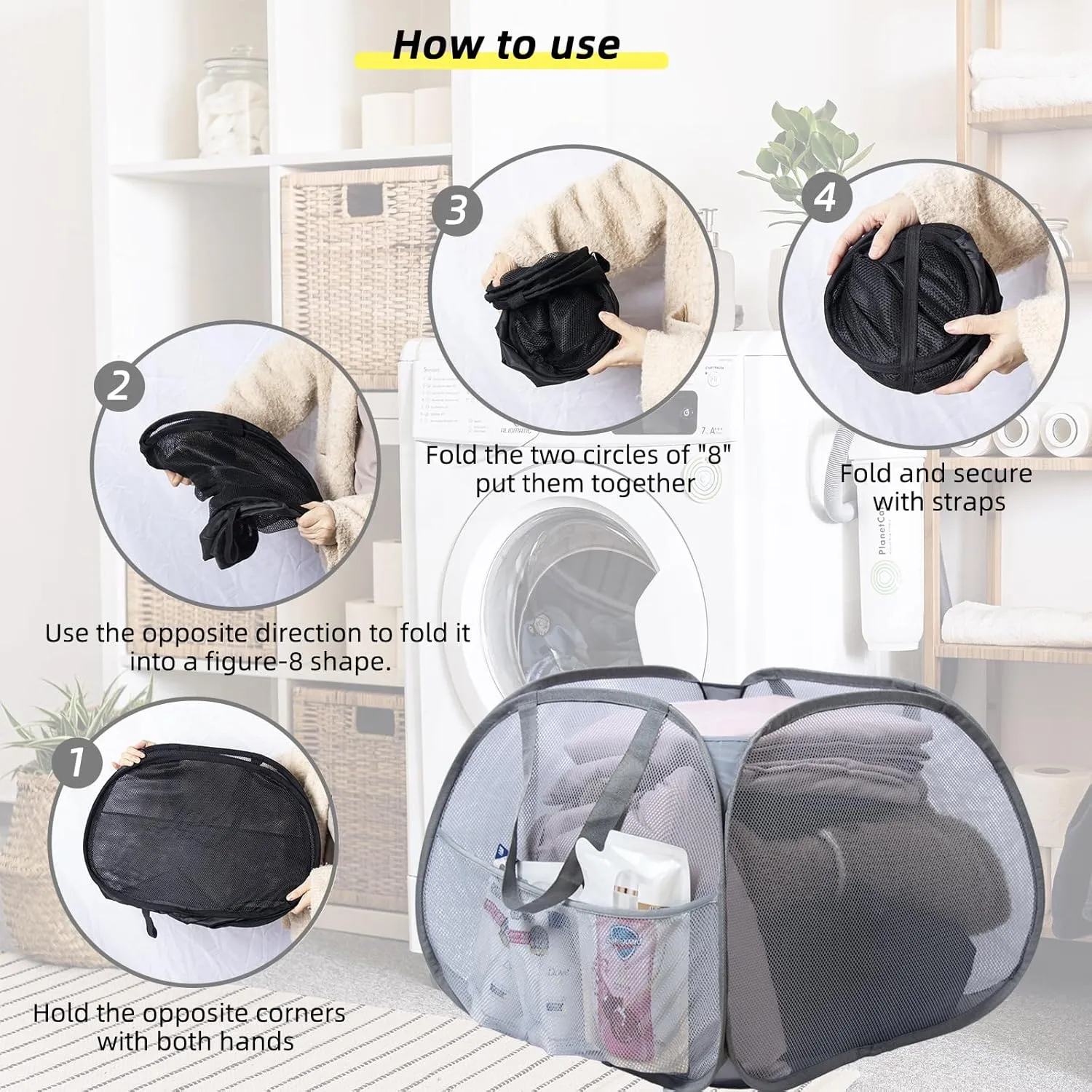Collapsible Laundry Basket, 90L Foldable Pop Up Laundry Hamper with Handles, Mesh Dirty Clothes Hamper for Laundry, Bathroom, Kids Room, Dorm,Travel or Camping (Gray, 2PCS)
